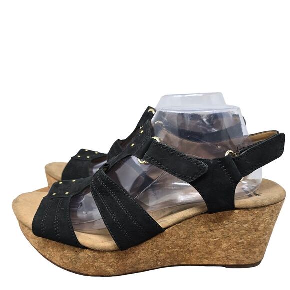 Clarks Black Suede 3.5" Heels Strappy Wedge Sandals Women's 11 - Picture 2 of 10